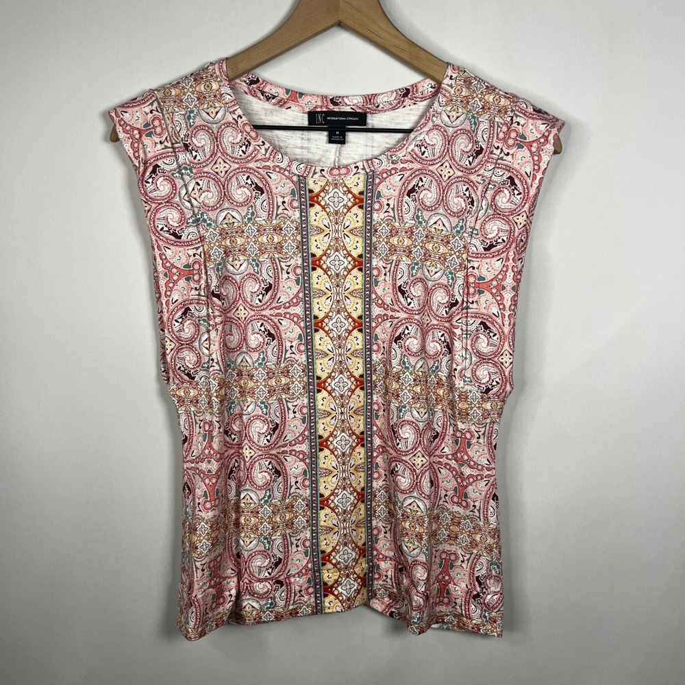 INC International Concepts Top Women Medium Paisley Print Cap Sleeve Blouse‎